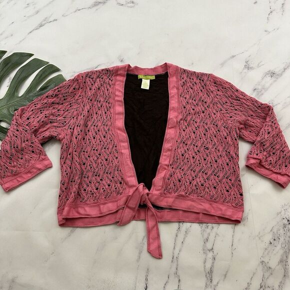 Sigrid Olsen Vintage y2k Cropped Cardigan Sweater Size XL Pink Brown Crochet Bow - Picture 1 of 11